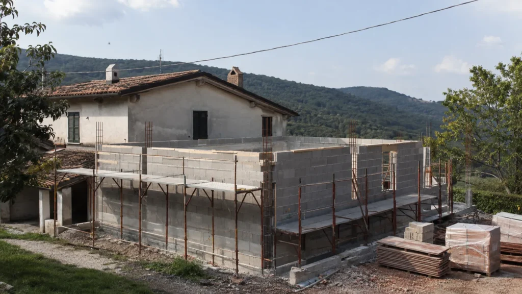 Ampliamento di una casa unifamiliare a Brescia con nuovo corpo in costruzione