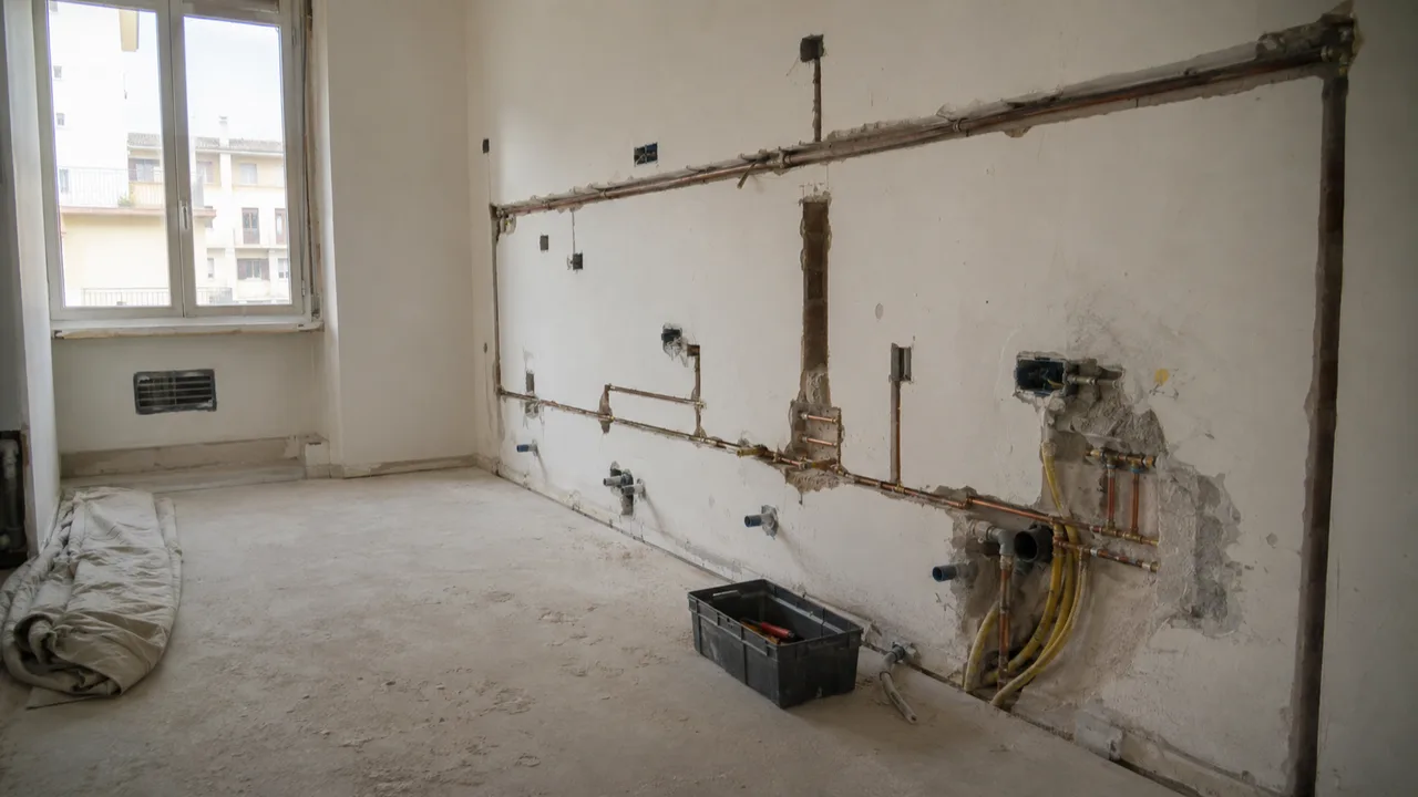 Impianti idraulici ed elettrici a vista prima della posa dei rivestimenti in una ristrutturazione cucina