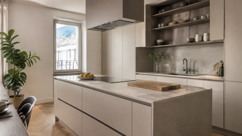Cucina moderna dopo la ristrutturazione a Brescia, con isola centrale e cappa a vista