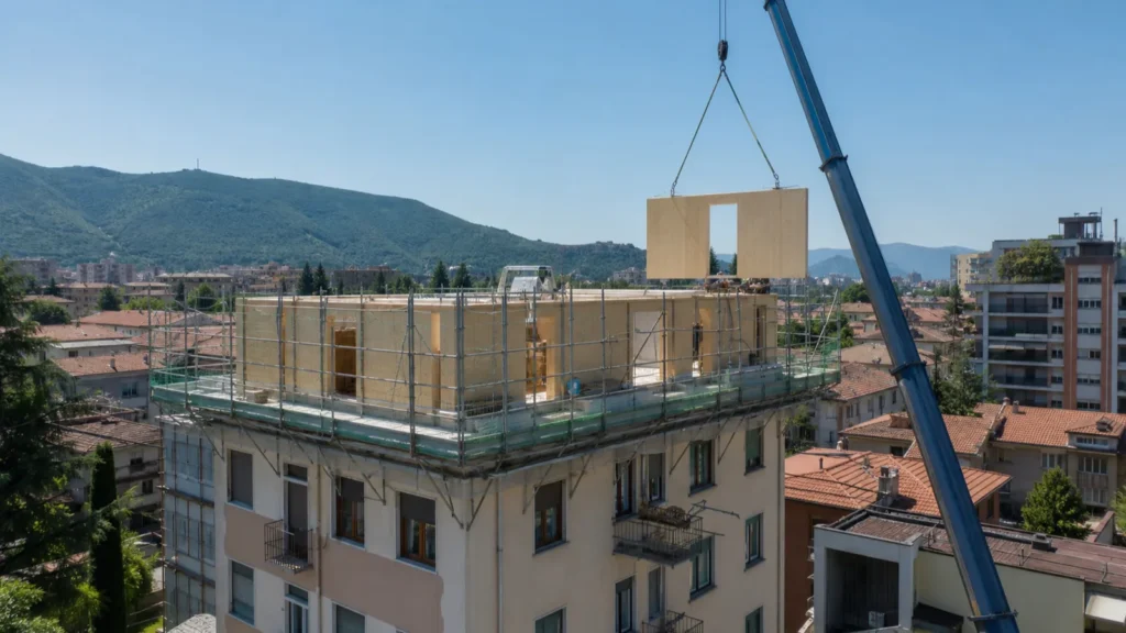 Sopraelevazione di un edificio esistente a Brescia con gru e nuovo piano in costruzione