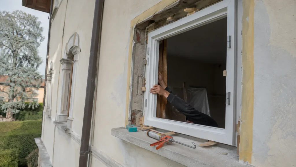 Sostituzione infissi in corso su una facciata a Brescia, nuovo telaio in PVC in posa