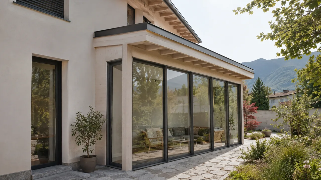 Veranda chiusa realizzata come ampliamento di una casa a Brescia, struttura leggera e vetrate
