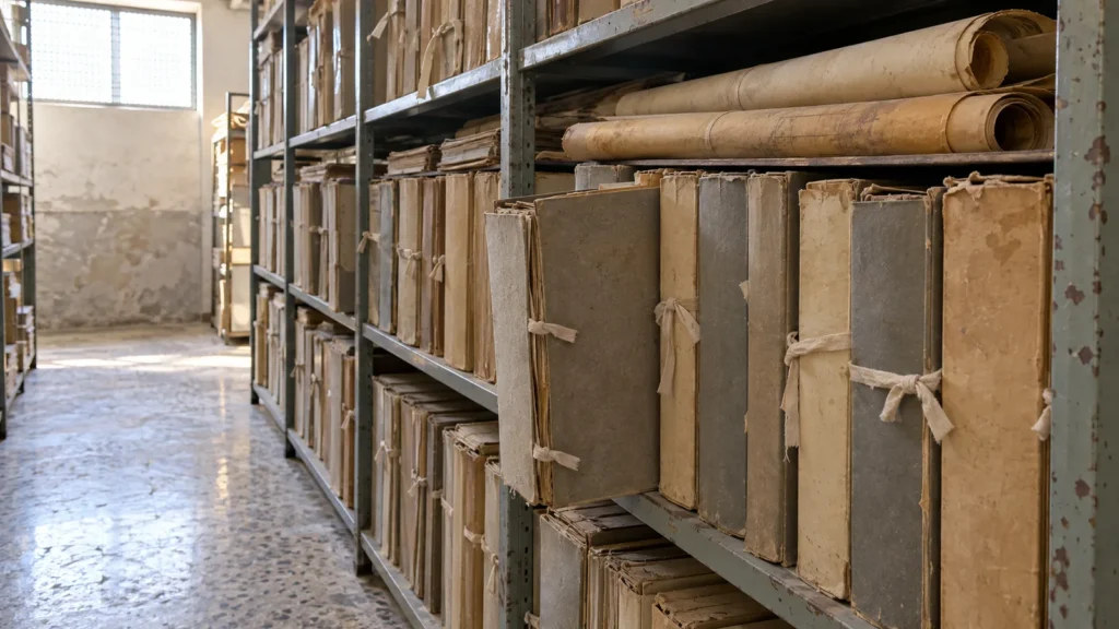 Scaffali di un archivio comunale con i faldoni delle vecchie pratiche edilizie legati con la fettuccia e alcuni rotoli di dis