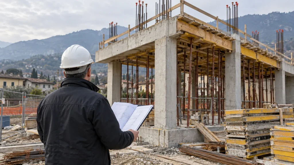 Direttore dei lavori di spalle, con casco bianco e disegni in mano, davanti a una struttura in cemento armato appena gettata