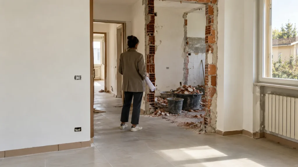 Appartamento in ristrutturazione: parete ritinteggiata e pavimento nuovo in primo piano, tramezzo demolito sullo sfondo