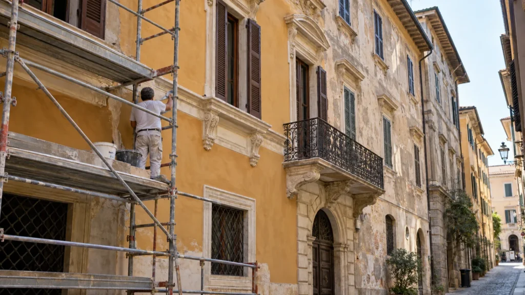 Facciata di un palazzo storico nel centro di Brescia durante il restauro: intonaco a calce già recuperato accanto alla parte