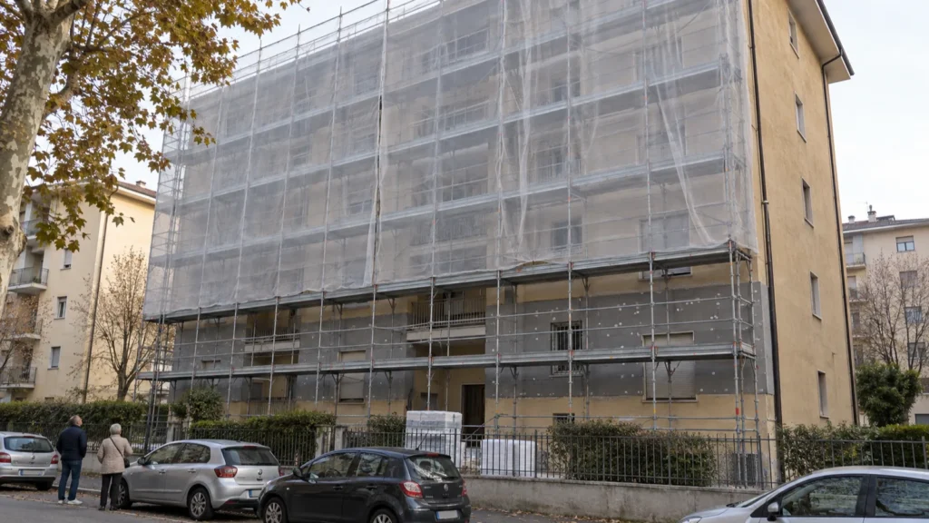 Condominio anni Settanta a Brescia con ponteggi e cappotto termico in posa sulla facciata