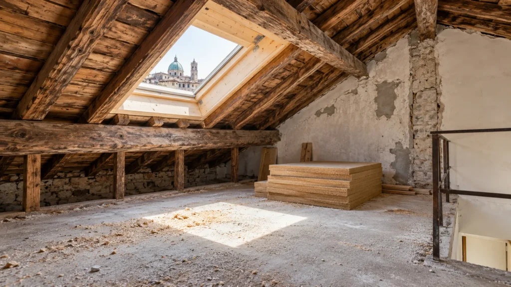 Sottotetto in ristrutturazione a Brescia con travi a vista e foro per finestra da tetto