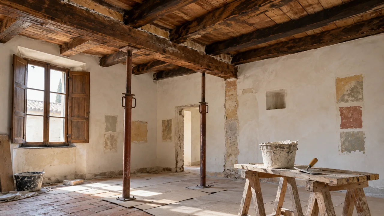 Solaio in legno originale lasciato a vista e consolidato durante un risanamento conservativo