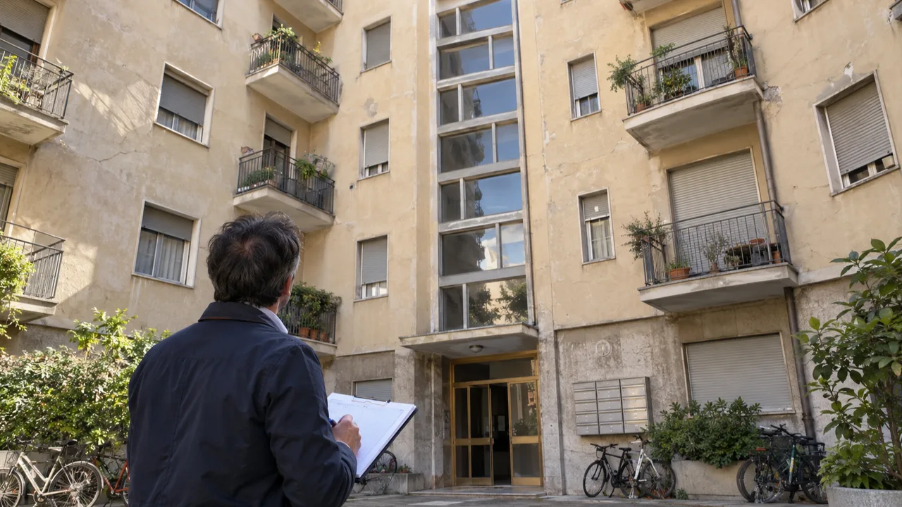 Tecnico esamina la facciata di un condominio anni Settanta a Brescia prima dei lavori di riqualificazione